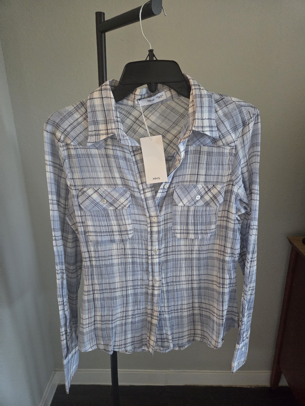 Mango Women's Blue and White Plaid Button-Down Shirt M